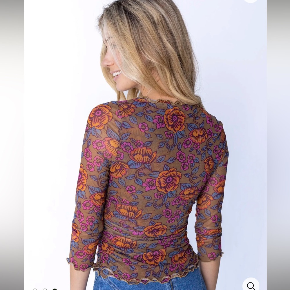 Natural Life Florence Mesh Top in Woodcut Floral Bronze - Picture 2 of 8